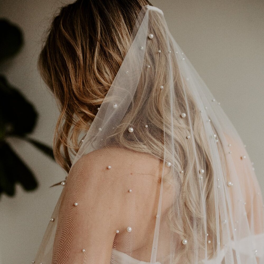 Soft Minimal Beaded Pearl Cathedral Wedding Veil